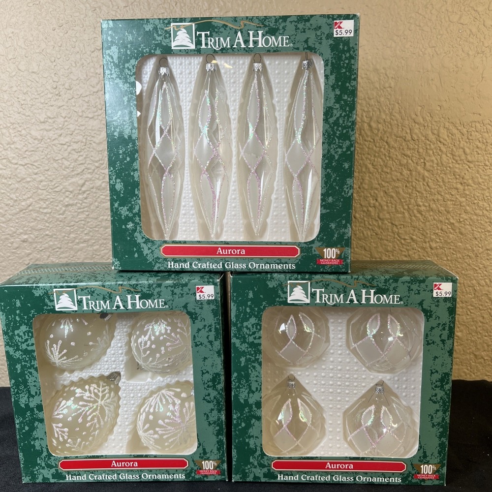 12- Trim A Home Glitter Frosted Glass Ornaments Vintage K Mart - Orignal Box